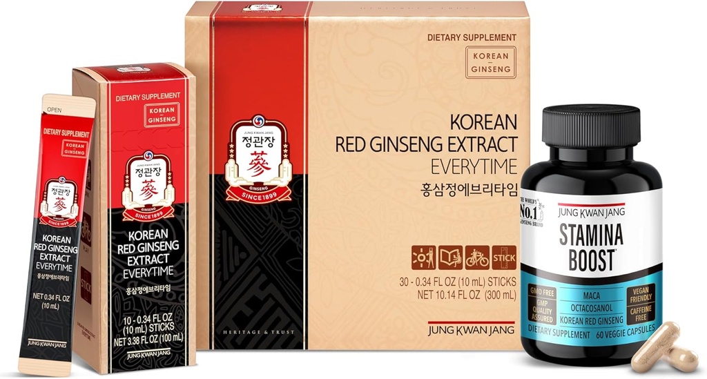 JUNG KWAN JANG Korean Red Panax Ginseng Energy Bundle - 매번 3000mg 스틱 (30 카운트) 및 남성의 체력 부스트를 매일 활력 (60 캡슐)