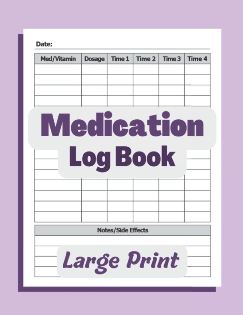 Medication 통나무 책: 의학, 비타민 및/또는 매일 보충하는 간단한 통나무. 다중 복용량 및 측면 효과 로그. 8.5x11 알약 추적기 ... 모든 연령이나 간호사 / 보호자. 보라색.