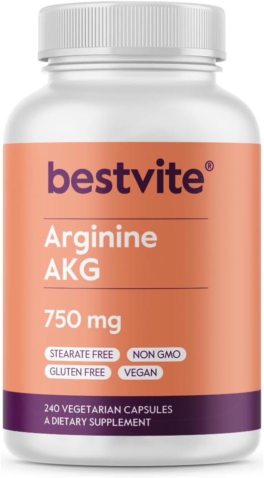 BESTVITE 아르기닌 AKG 750mg (240 채식 캡슐) - Stearates 없음 - Vegan - 비 GMO - 글루텐 무료