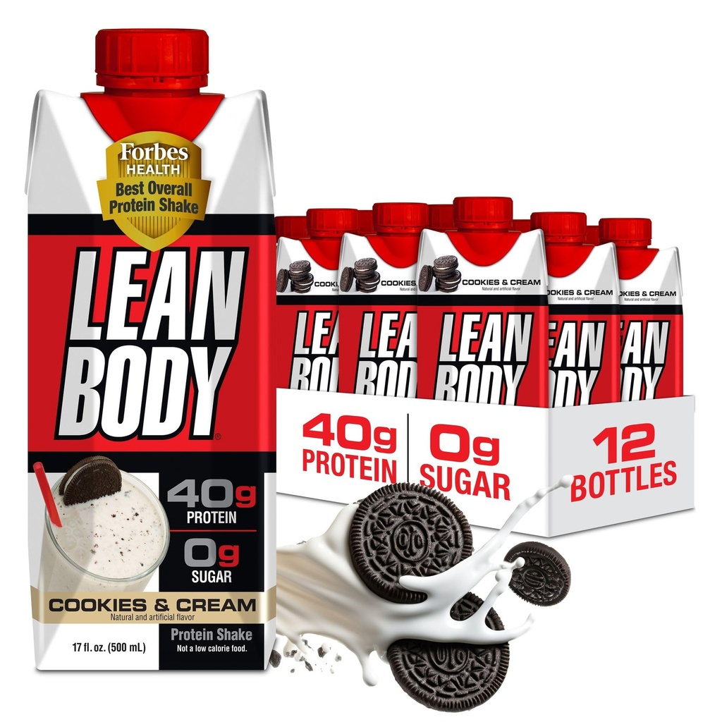 Lean Body Ready-to-Drink Cookies and Cream Protein Shake, 40g Protein, Whey Blend, 0 Sugar, Gluten No, 22 Vitamins & Minerals, (재상용 카톤 & 뚜껑 - 12 팩) LABRADA, 17 Fl Oz (12 팩)