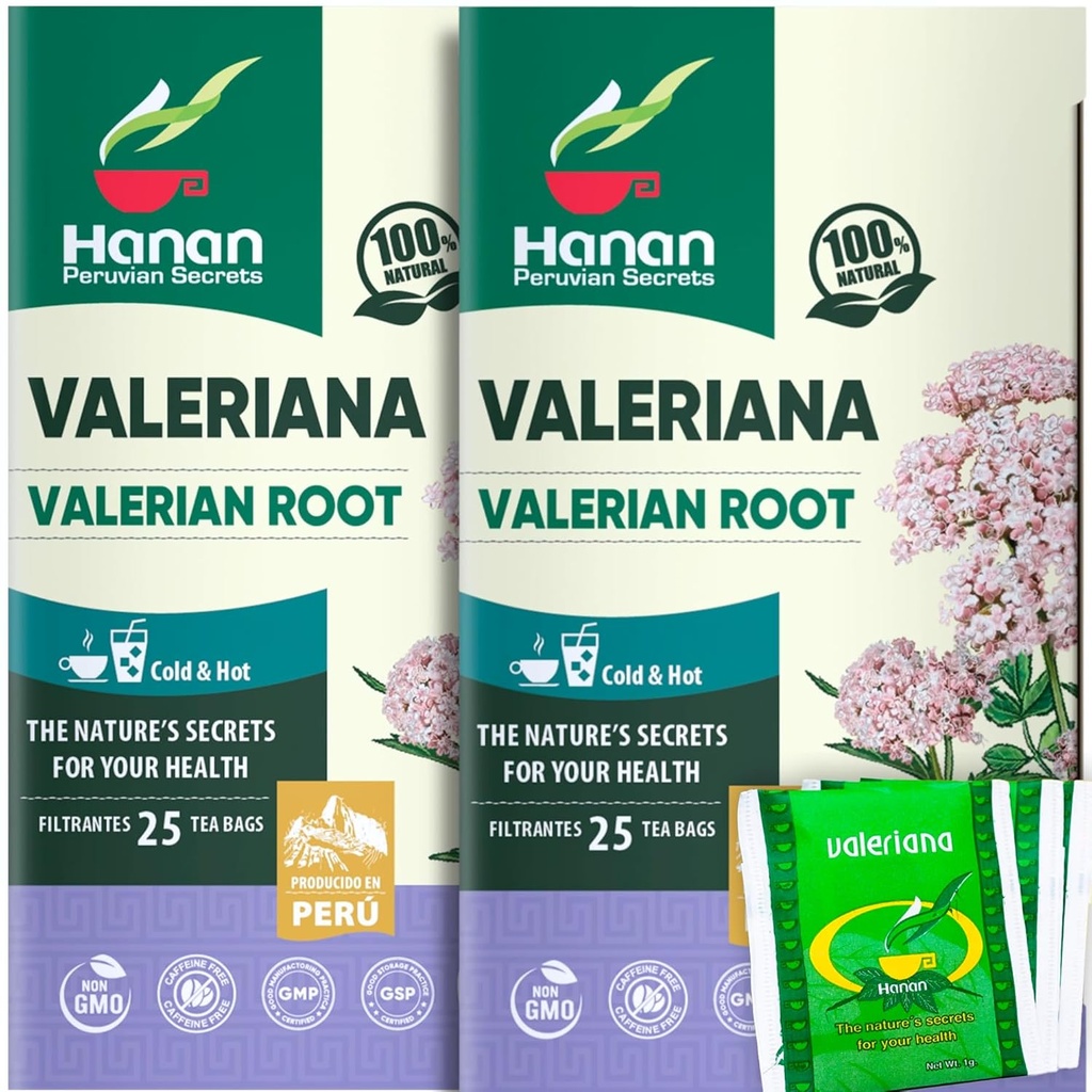 Hanan Valerian Root Tea for Bedtime (50 Bags) - Te de Valeriana, Herbal Calming Night Tea - 100 % 순수, Caffeine-Free, Non-GMO, 페루 허브 - 2 박스 팩