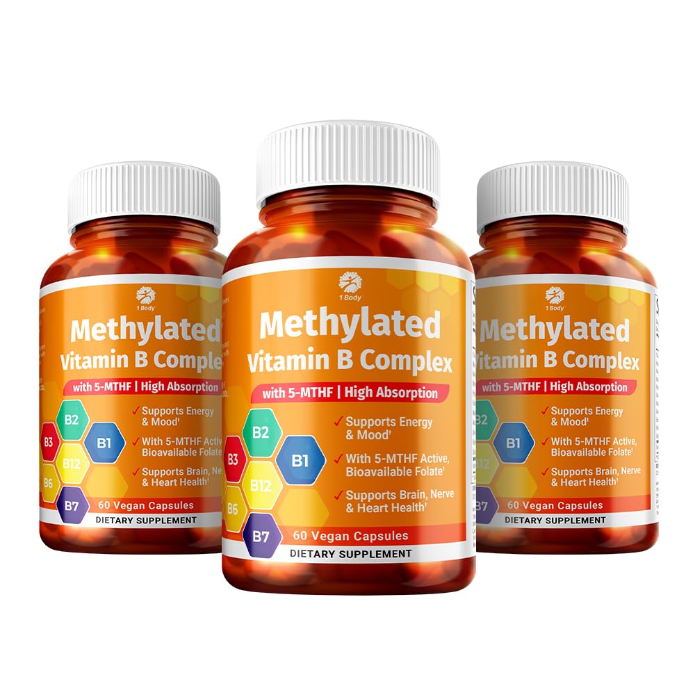 1 Body Vitamin B Complex 3 Pack - 5-MTHF Folate, B1, B2, B5, B6, 메틸 B12, Niacin & Biotin - Non-GMO, Vegan, 미국산