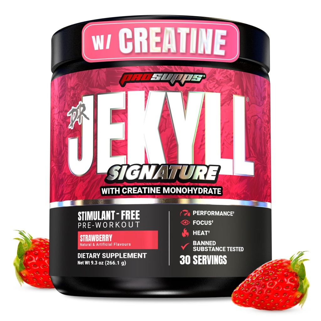 ProSupps Dr. Jekyll Signature Pre Workout Powder with Creatine - Stim-Free Preworkout Supports Focus & Endurance - 카페인 무료 체육관 및 피트니스 보충제 (딸기, 30 서빙)