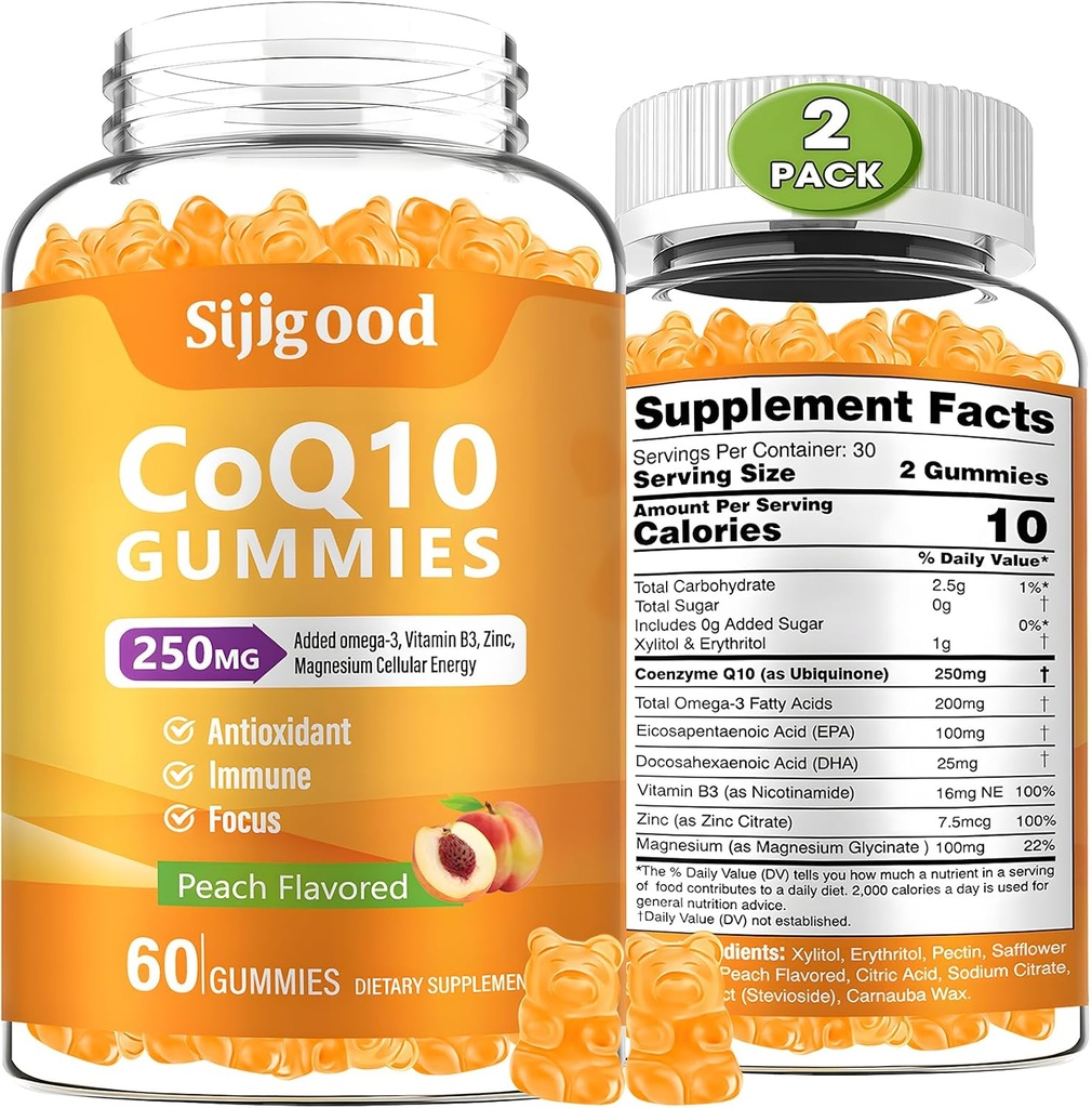 2 팩 CoQ10 Gummies, 플러스 Omega-3, 비타민 B3 및 아연, 마그네슘, 5X 높은 흡수 Coenzyme Q10 보충 교재, 부스트 세포 에너지, 유력한 산화 방지제 & 두뇌, 복숭아 풍미, 120 Cts를 위한 q10
