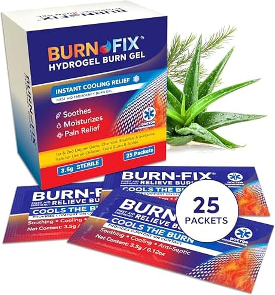 BurnFix® Hydrogel Burn Gel Packets – 3.5 g Soothing First Aid Burn Cream for Instant Cooling Relief on Minor Burn, Sunburns & Scalds │ 이상적인 응급 키트 Essential (25 패키지)