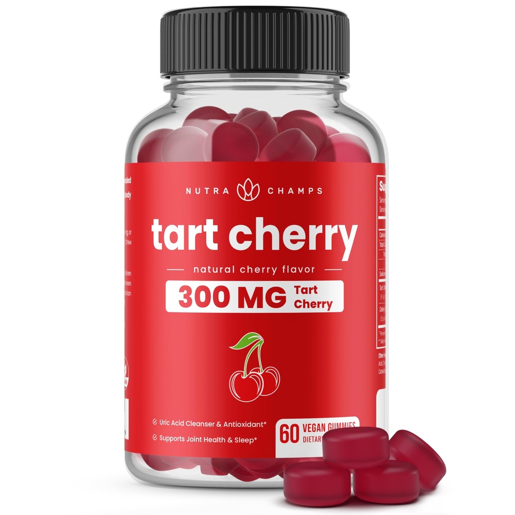 NutraChamps Tart Cherry Gummies - 3000mg Tart Cherry Extract with Celery Seed - Uric Acid Cleanse Supplement - 산화 방지제, 관절 편안함, 유연성, 면역력, 수면 - 60 Vegan Gummies