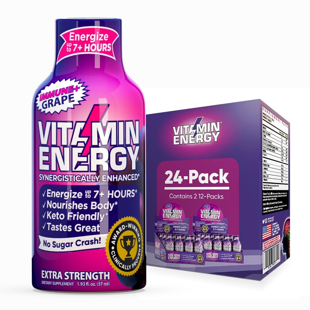 비타민 에너지 Immune+ 여분 힘 에너지 탄 포도 24 팩, 260mg 자연적인 카페인, B 비타민, Citicoline, 녹차, Immunity & 초점 지원, 영 설탕, 글루텐 자유로운 1.93 fl oz