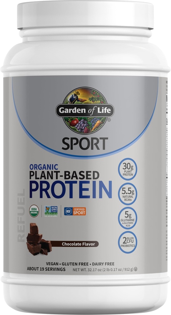 Probiotics, BCAAs, NSF 인증, 글루텐 프리 & 스포츠, 비 GMO, 스포츠 단백질 분말, 19 서빙, 초콜릿과 생명 유기 채식 단백질 분말의 정원