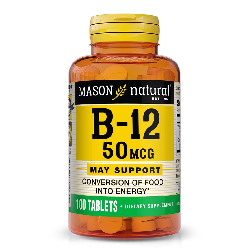 MASON NATURAL 비타민 B12 50 mcg 칼슘, 100 일 공급, 천연 에너지 레벨을 지원하는 다이어트 보충, 100 정제 (팩 1)