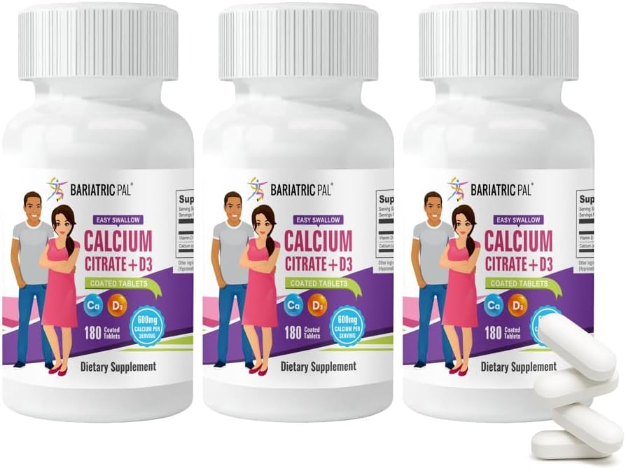 BariatricPal 쉬운 삼키기 칼슘 구연산염 (600mg)와 D3는 정제를 입혔습니다 (90 일 공급)