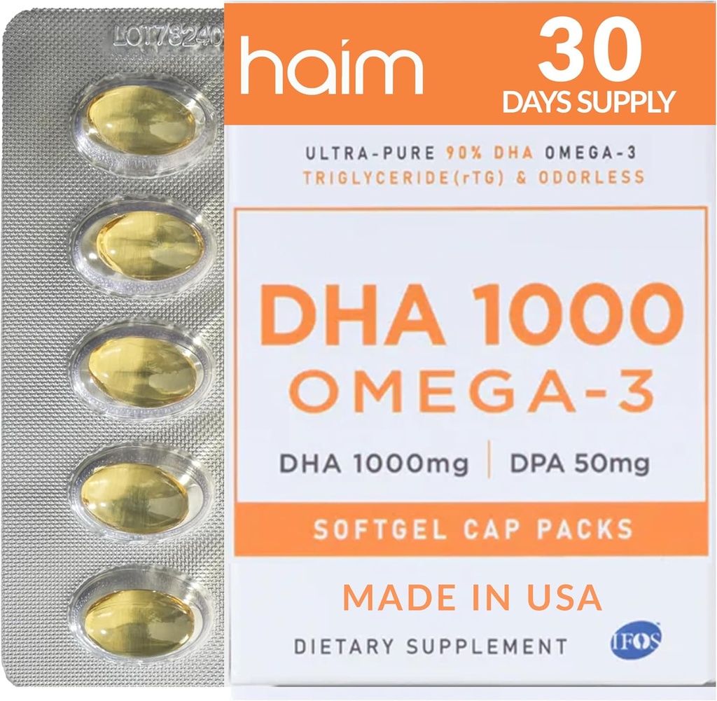 HAIM DHA 1000 Omega-3 물고기 기름 - 1000mg DHA, 50mg DPA를 가진 90% 순수성 - 뇌, 눈 & 심장 지원을 위한 높은 힘 물고기 기름 보충교재 - 전반적인 웰빙 & 초점 - 1개의 상자, 60 Softgels를 승진시킵니다