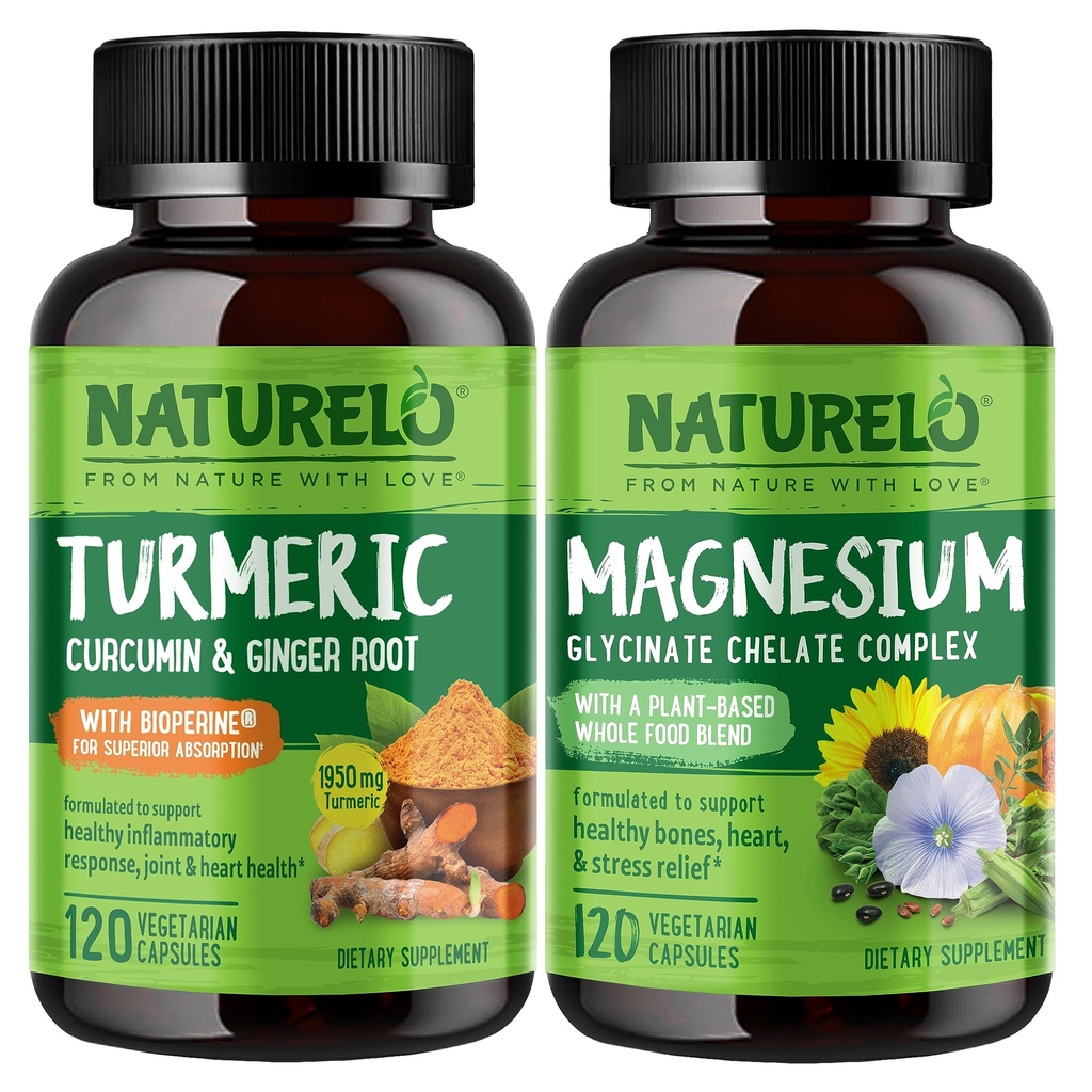 NATURELO Tumeric Curcumin, 식물 기반 관절 지원, 마그네슘 글리세라이드, 200 mg 마그네슘 - 글루텐 무료, 비 GMO - 120 캡슐