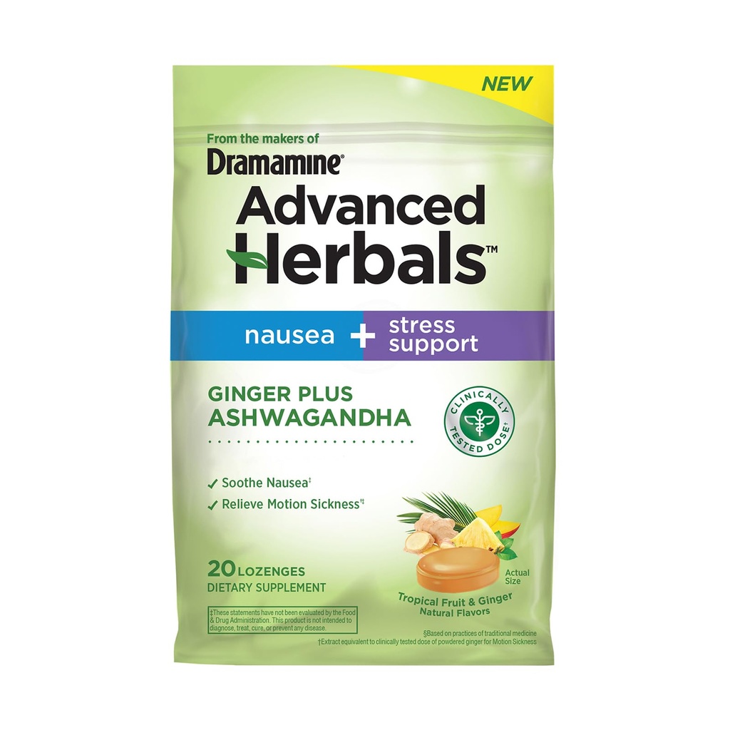드라마민의 제작자에서, 고급 허브 생강 & Ashwagandha Lozenges, Nausea Relief & Stress Support, Tropical Fruit and Ginger flavor, 20 카운트