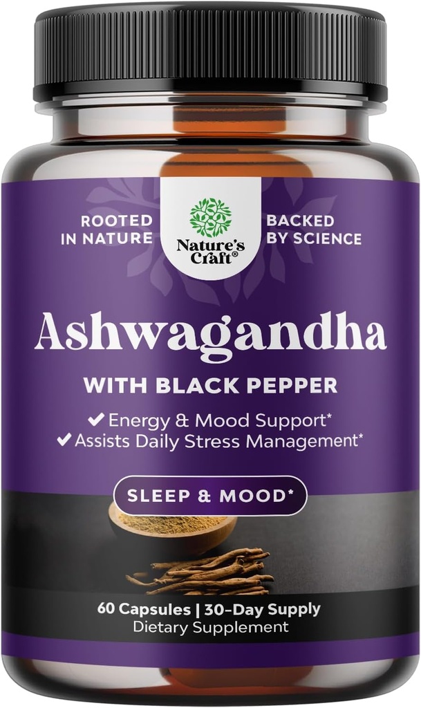유기 Ashwagandha 뿌리 분말 60 캡슐 - 검은 후추 추출물 분말을 가진 Ashwagandha는 여자 & 남자를 위한 휴식, Sleep & Immune 지원을 위해 보충합니다 - 유기 Whitania Somnifera 뿌리 보충교재