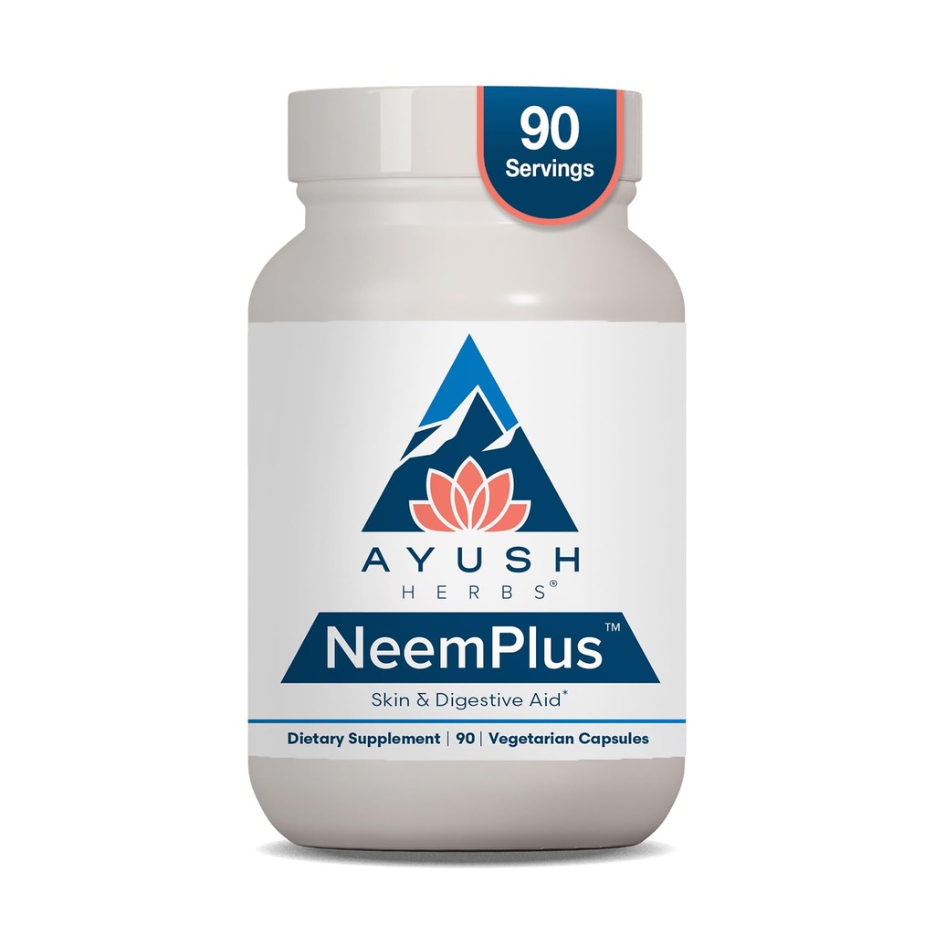 Ayush Herbs Neem Plus - 여성 및 남성을위한 소화 건강, Stomach & Skin Health, Immune Support - 90 채식 캡슐 (1 개)