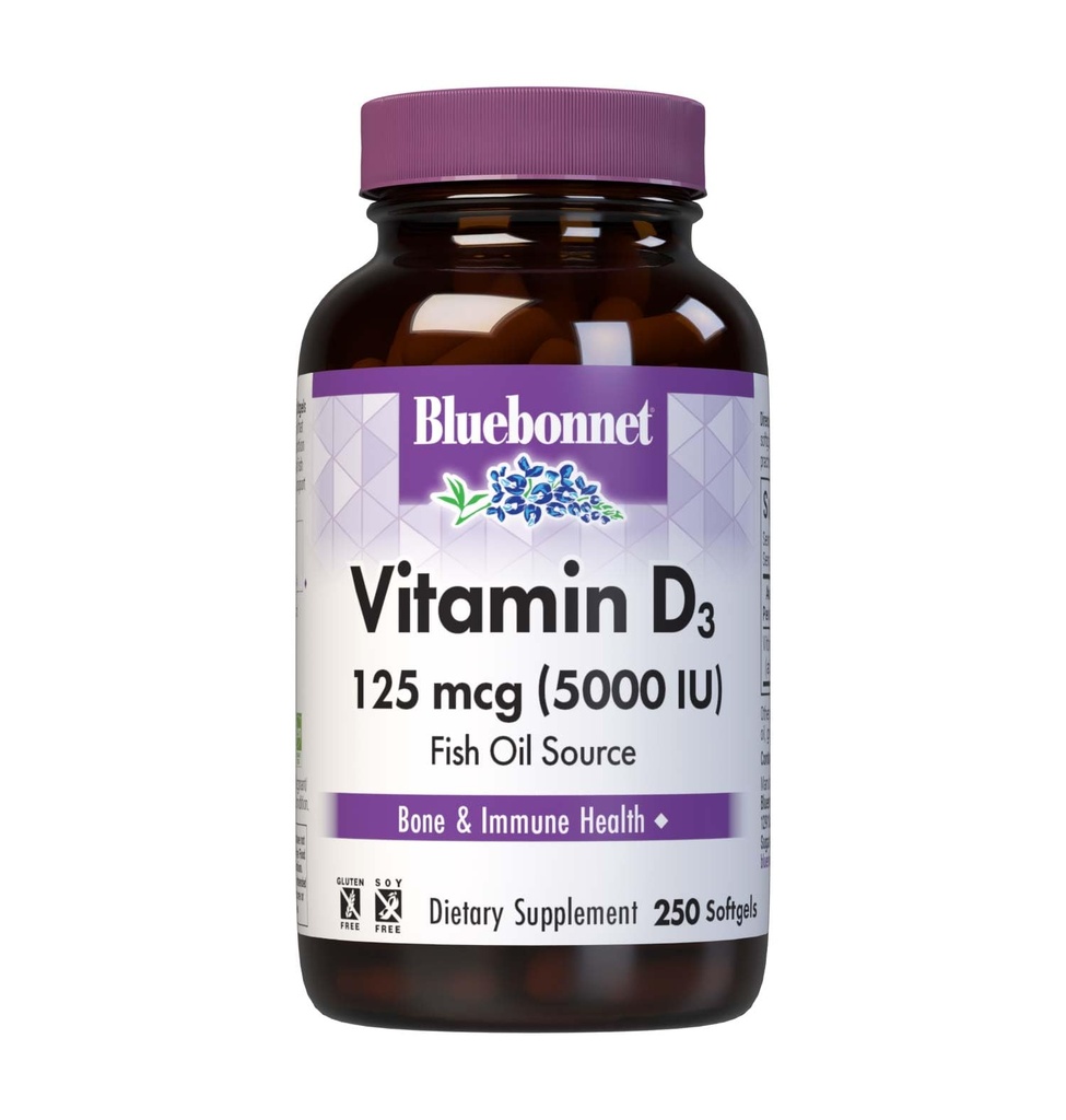 Bluebonnet 영양 비타민 D3 5000 IU Softgels, 근육과 해골 성장, 물고기 기름, 비 GMO, 글루텐 자유로운, Soy 자유로운, 낙농장, 황색, 250 Softgels에서 Cholecalciferol에 있는 원조