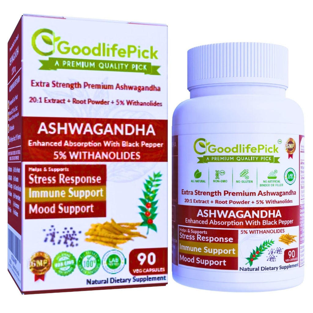 블랙 페퍼와 프리미엄 Ashwagandha 캡슐. Ashwagandha 분말 및 20 : 1 추출물 90 ct에서 강력한 5 % Wthanolides. 천연 NonGMO NO 쌀 분말 없음 필러