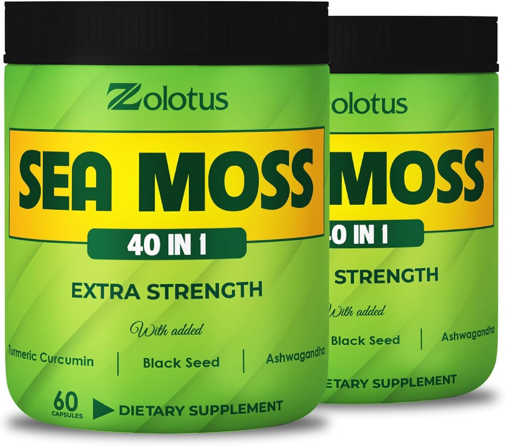 Zolotus (2 팩 60 캡슐 바다 Moss 보충 40 1, Turmeric Curcumin, Ashwagandha 루트, Immune 시스템, 바디 밸런스 및 심장 건강을위한 Bladderwrack