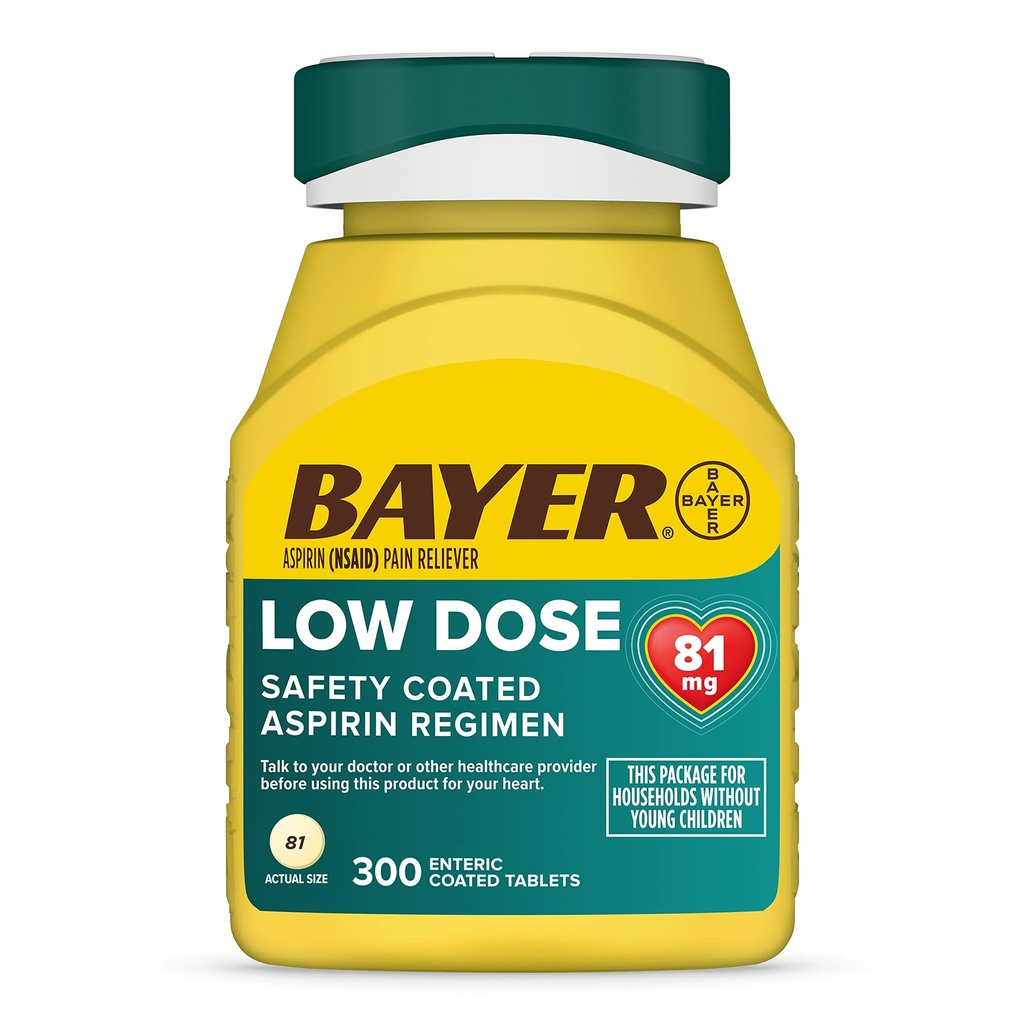 Bayer Aspirin 낮은 복용량 81 mg, Enteric 코팅 정제, 의사 권장, 심장 혈관 질병의 두 번째 예방, 300 안전 코팅 정제