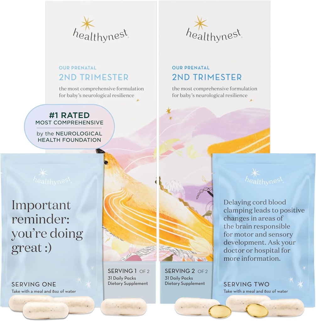 HealthyNest 2nd Trimester Prenatal Vitamin | Methylfolate, Choline, DHA, Iron, Inositol과 태아 뇌 발달을위한 임신 지원 | 31 일 공급