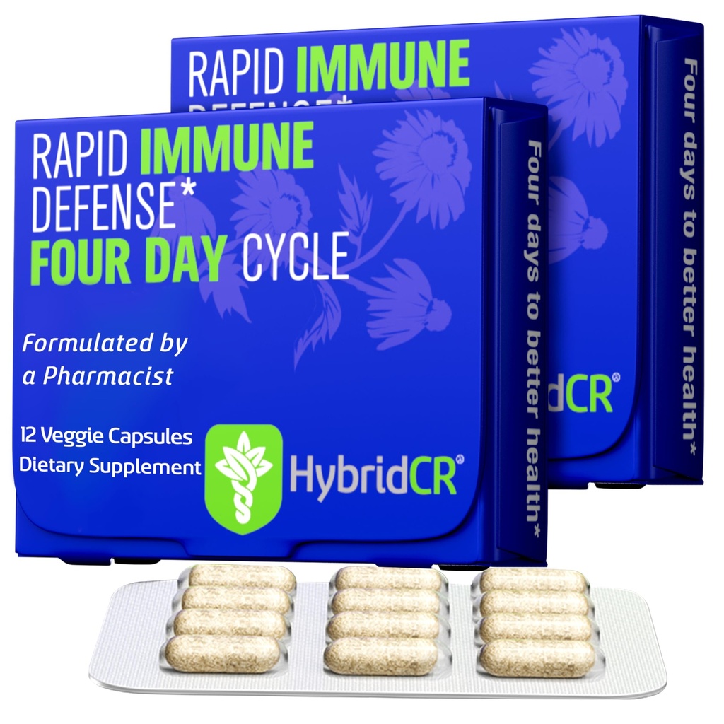 HybridCR Rapid Immune Support Supplement - 4 Day Immunity Supplement - Echinacea, Ginseng, Andrographis, 아연, 셀레늄 - 여행 크기 시스템 지원 - 24 캡, 2 복용량 팩