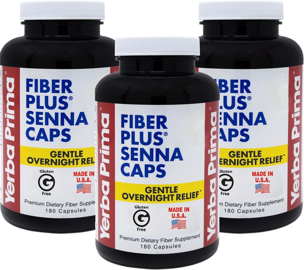 Yerba Prima Fiber Plus Senna 캡슐, 180 카운트 (3 팩) - Gentle Overnight Relief, USA Made, Non-GMO, 글루텐 프리