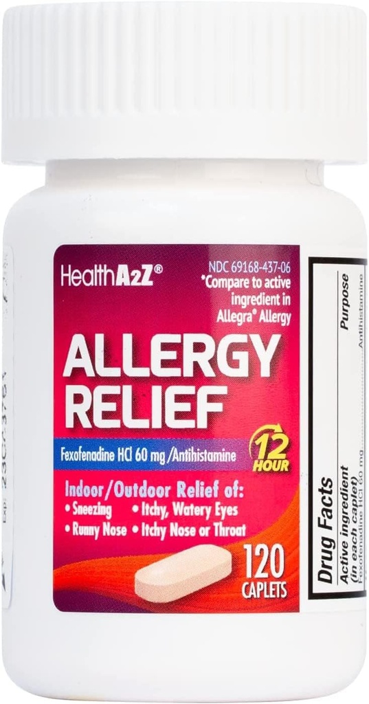 HealthA2Z® Fexofenadine 염산염 60mg | 알레르기 완화를 위한 12시간 항히스타민 | 실내 및 실외 알레르기 완화(120개)