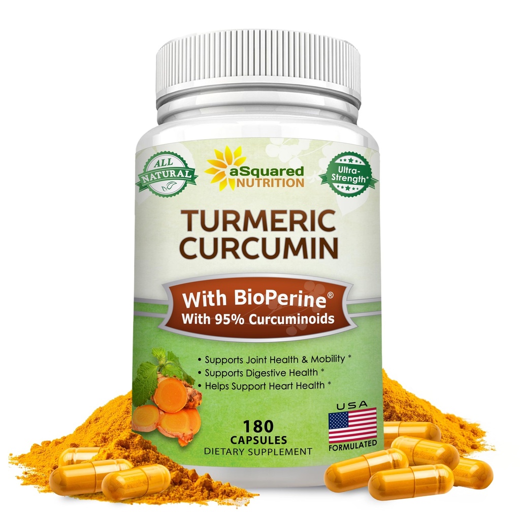aSquared 영양 심황 Curcumin 1300mg BioPerine Black Pepper Extract - 180 캡슐 - 95 % Curcuminoids, 100 % 천연 Tumeric 뿌리 분말 보충제, 순수하고 공동 Stiffness 알약