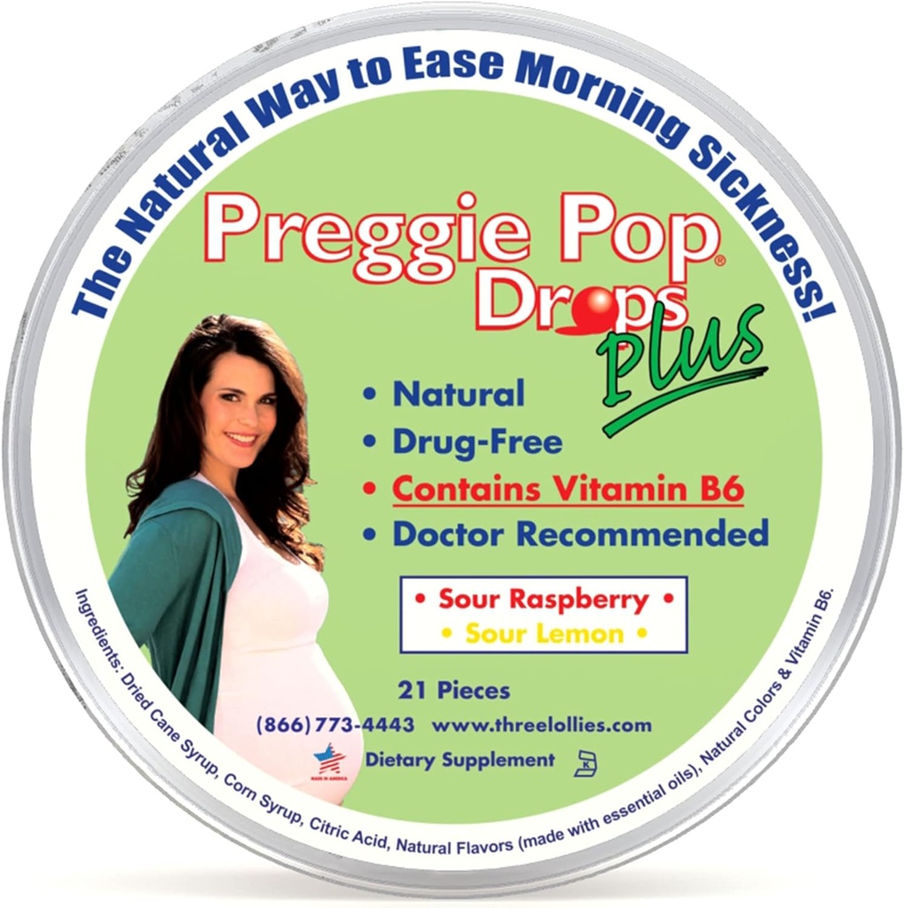Preggie Pop Drops Plus | 21 Drops | 임신 중에는 비타민 B6, 모닝 시력 & 아나스 기복 | 임산부 & 아기 안전 | 글루텐 프리 | 두 가지 맛: 레몬 & 라즈베리