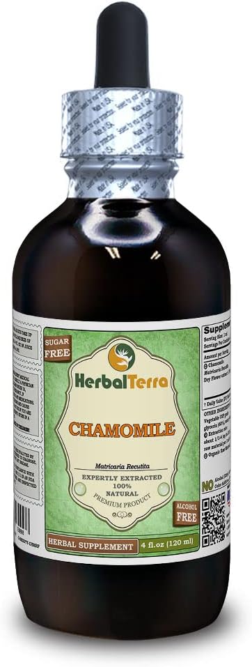 Chamomile (Matricaria Recutita) Glycerite, 유기 건조 꽃 알코올 무료 액체 추출 (브랜드 이름: HerbalTerra, Proudly Made in USA) 4 fl.oz (120 ml)