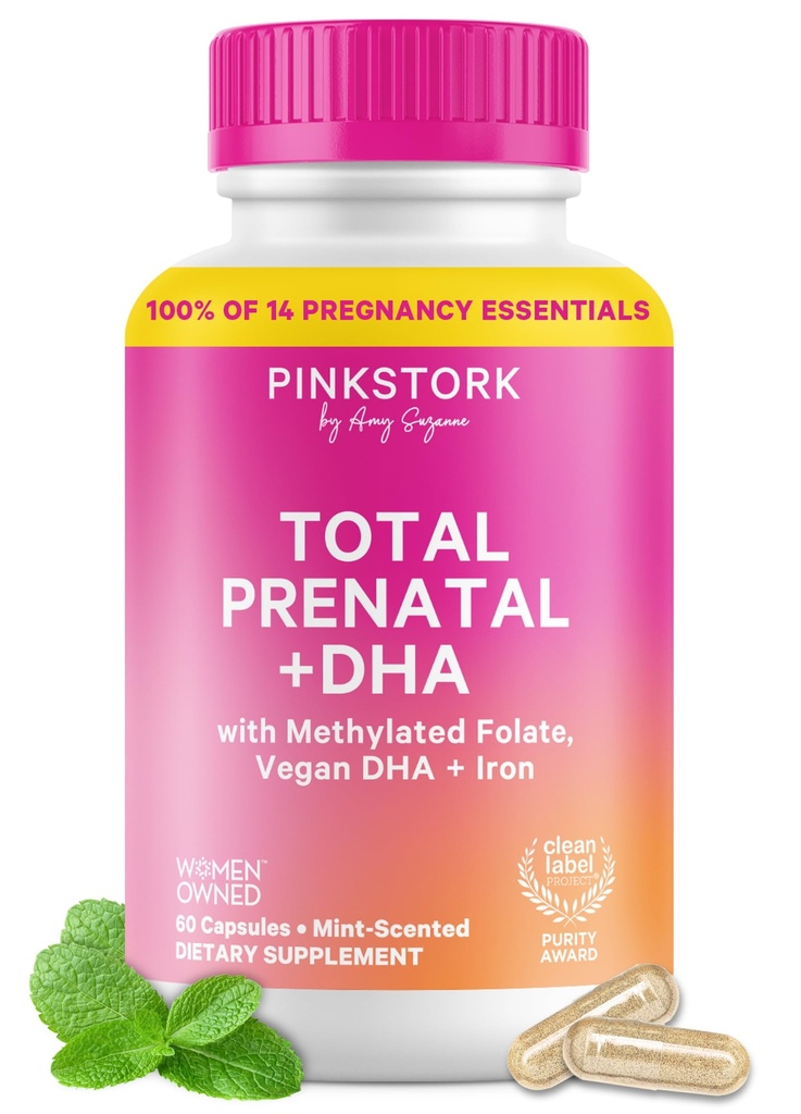 핑크 Stork DHA, Folate, Iron, Choline 및 Vitamin B12와 총 임신 비타민 - 임신성 - 민트 에센스, 60 캡슐, 1 개월 공급