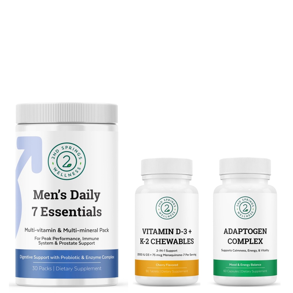 남성 매일 7 필수, Adaptogen Complex & 비타민 D3 + K2 Chewables 번들