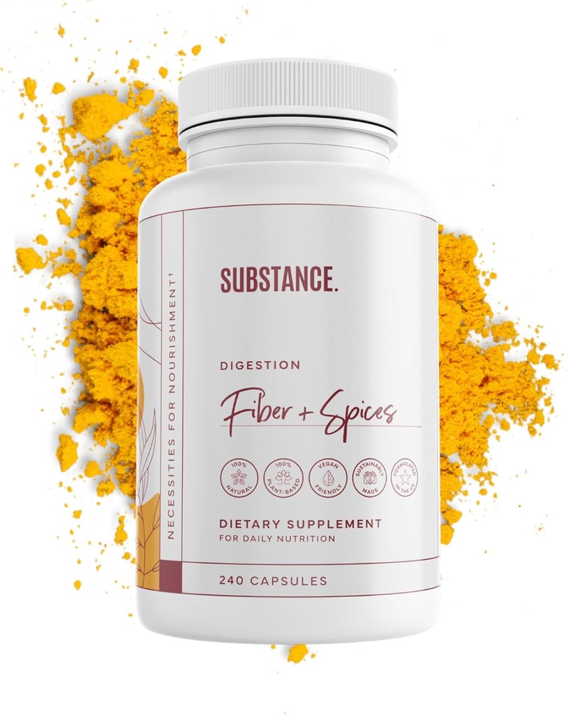 SUBSTANCE. - Digestive Wellness의 자연 섬유 및 향신료 - 지원 콜론 클렌징 - Psyllium Husk, Flax Seed & Ginger와 공식화 - Dietary Fiber Supplement - Vegan-Friendly - 240 캡슐