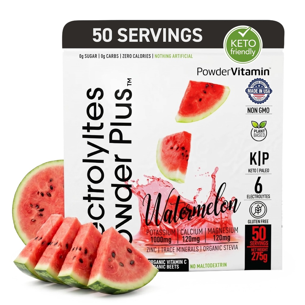 전해질 분말 플러스 (50 인분), 0 Calorie Keto, 0 설탕, Maltodextrin, 1000mg 칼륨, 120mg 칼슘, 120mg 마그네슘, 하이드로 션 분말 (50 인분, 수박)