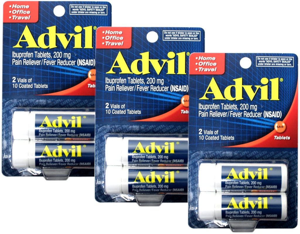 Advil Ibuprofen 정제 200 mg의 2개의 작은 유리병, 10는 정제를 각각, 20 합계 입혔습니다 (3의 팩)