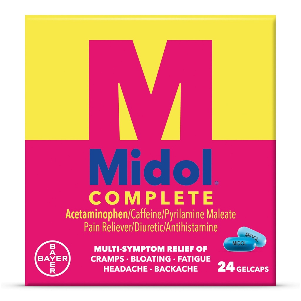 Midol Complete Gelcaps 24ct: Midol은 생리적인 증상, PMS 구호 및 기간 주름 구호를위한 Acetaminophen와 정신 통증 완화 젤캡을 완료 - 24 카운트 (포장 할 수있다 Vary)