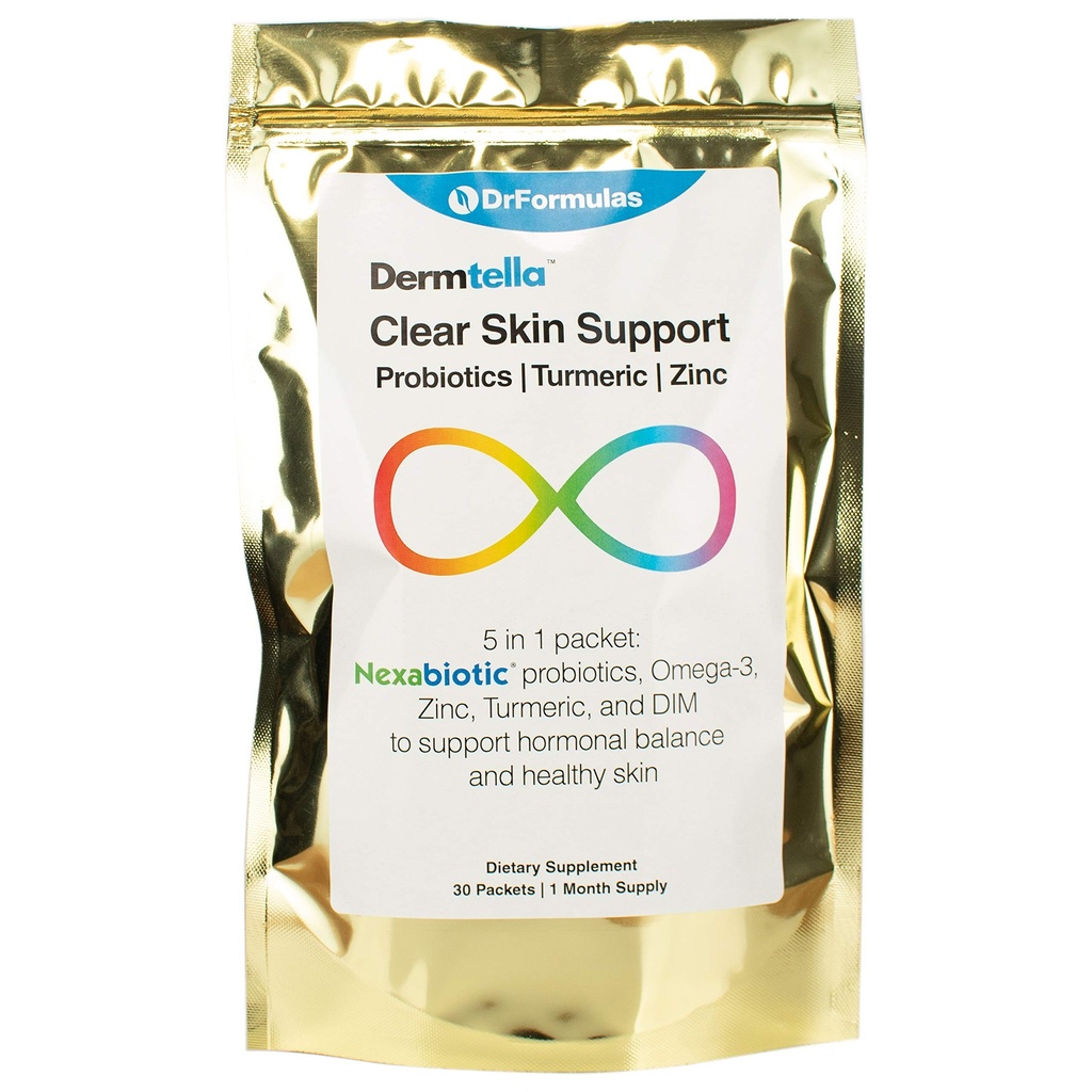 DrFormulas Dermtella Clear Skin Support Pack | 아연, 프로바이오틱스 및 DIM과의 알약 | Nexabiotic Probiotics, Turmeric, Fish Oil, 1 개월 공급 여성, 청소년 및 남성용 보충제