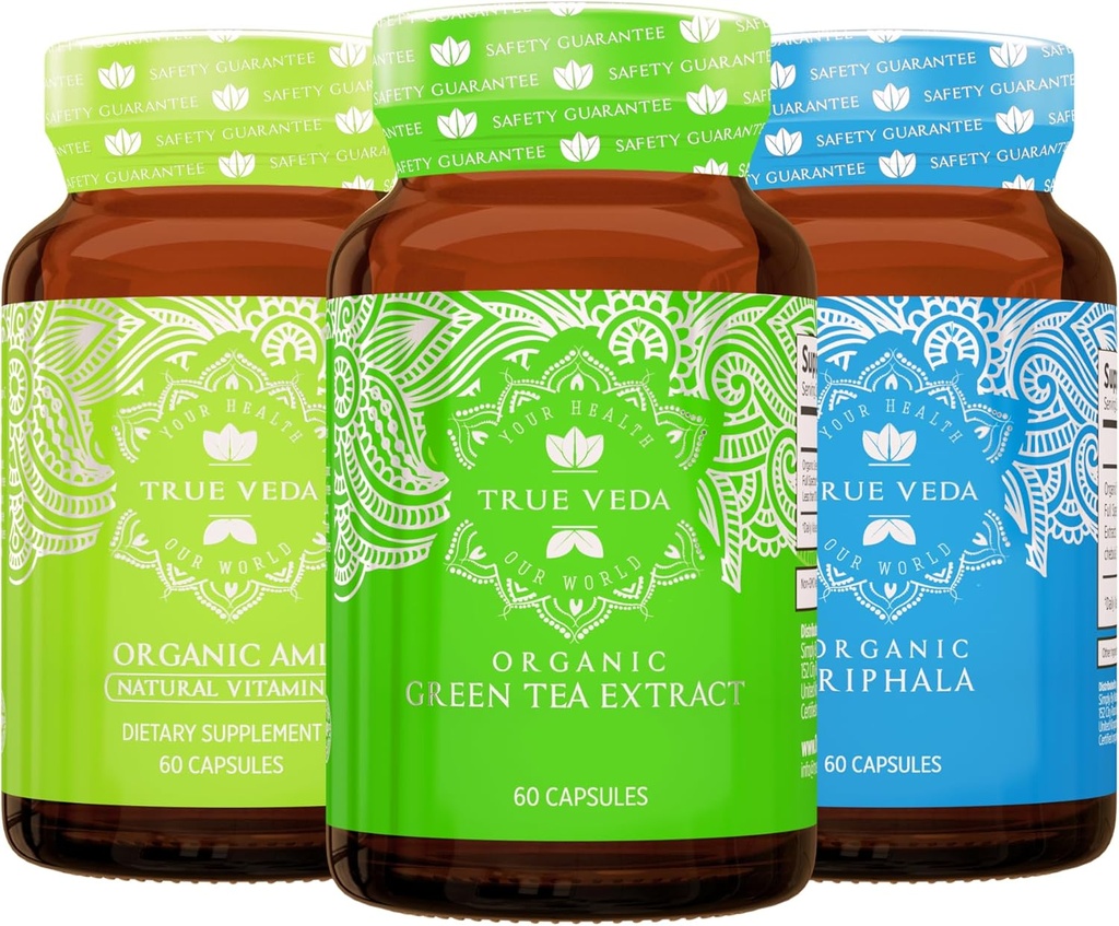 True Veda Digestion and Detox Bundle USDA Organic | 멀티워드 워인링 | 그린티 | 비타민 C의 Amla | Triphala 캡슐