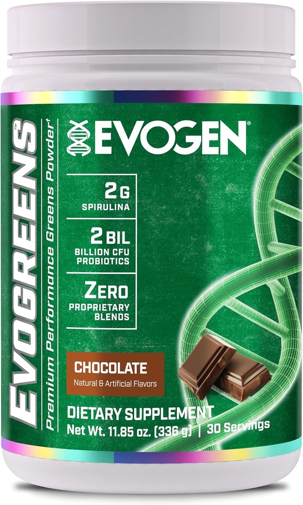 Evogen Evogreens | 프리미엄 퍼포먼스 그린 슈퍼푸드, Spirulina, Pomegranate, Probiotics, Kale | 30 인분(초콜레이트, 30 인분)