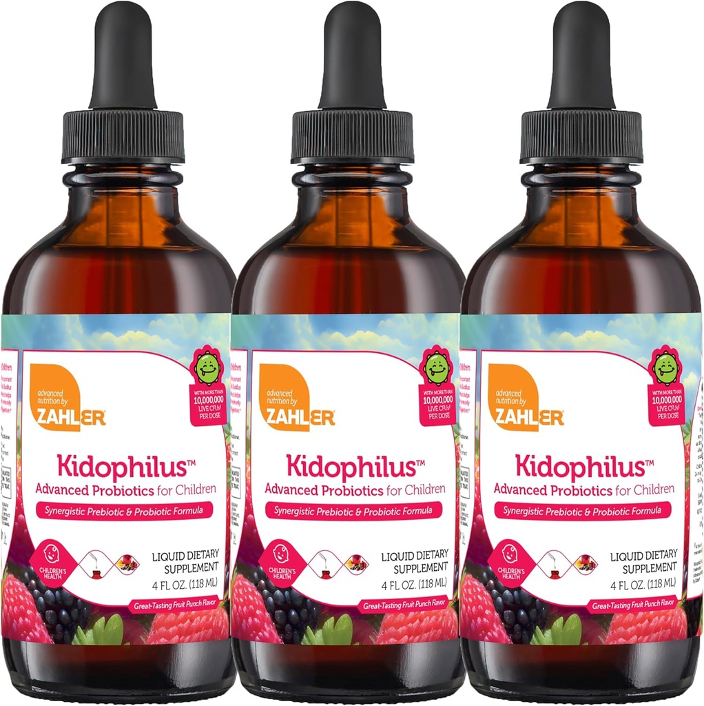 Zahler - Kidophilus Liquid Drops Probiotics for Kids (4 Fl Oz) 공인 Kosher, 건강한 소화 및 면역 지원 - 과일 펀치 맛 어린이 Probiotic Drops 보충 (3 팩)