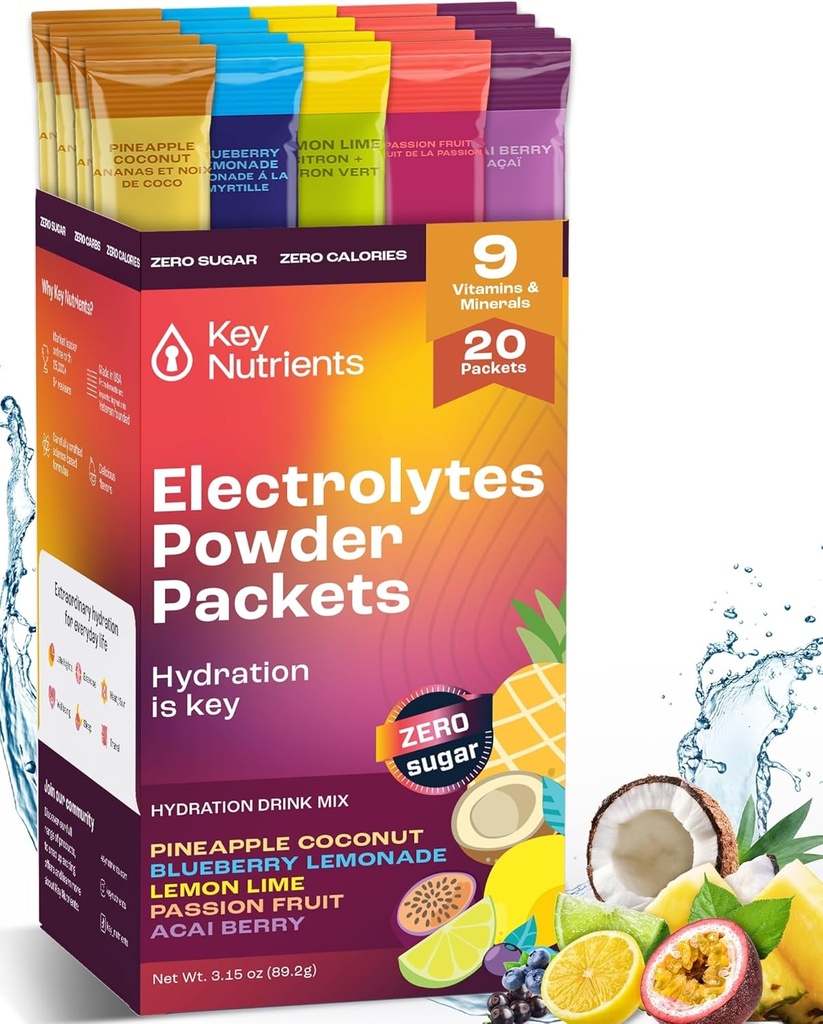 KEY NUTRIENTS Electrolytes Powder Packets No Sugar - 5 Delicious flavors in Hydration Packets 20 Pack - Calories 없음, 글루텐 무료 전해질 분말 패킷, 비 GMO, 미국에서 만든