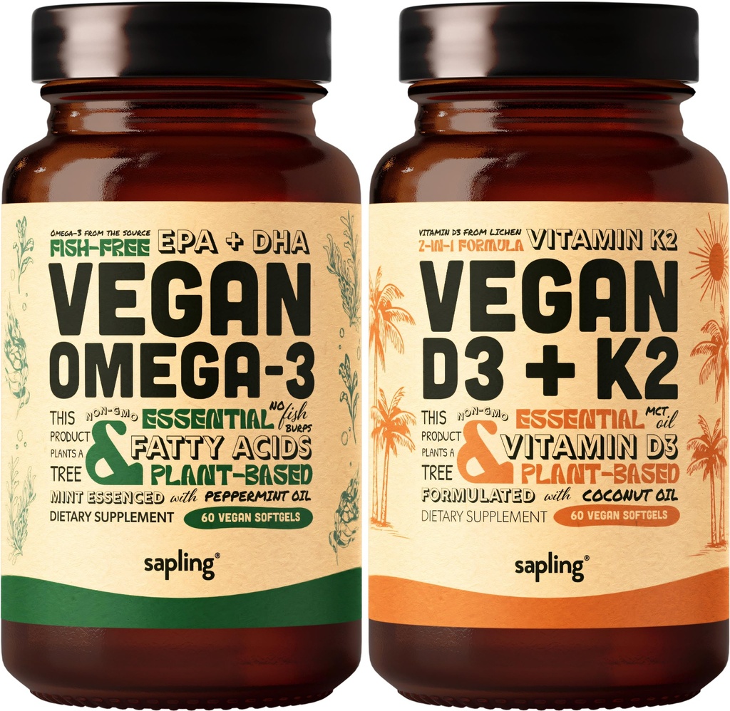 Vegan Omega 3 & Vegan 비타민 D3 + K2 보충교재 뭉치 - 식물 기초 DHA & EPA 지방산, 4000 IU 비타민 D3 및 Mk7로 100mcg 비타민 K2