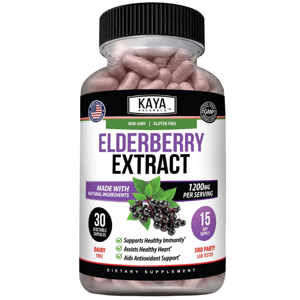 Kaya Naturals Elderberry Immune 지원 - 엘더베리 추출물, 리치 산화 방지제 프리미엄 비타민, 1200mg 면역 시스템 부스터 Sambucus 캡슐 - 30 개