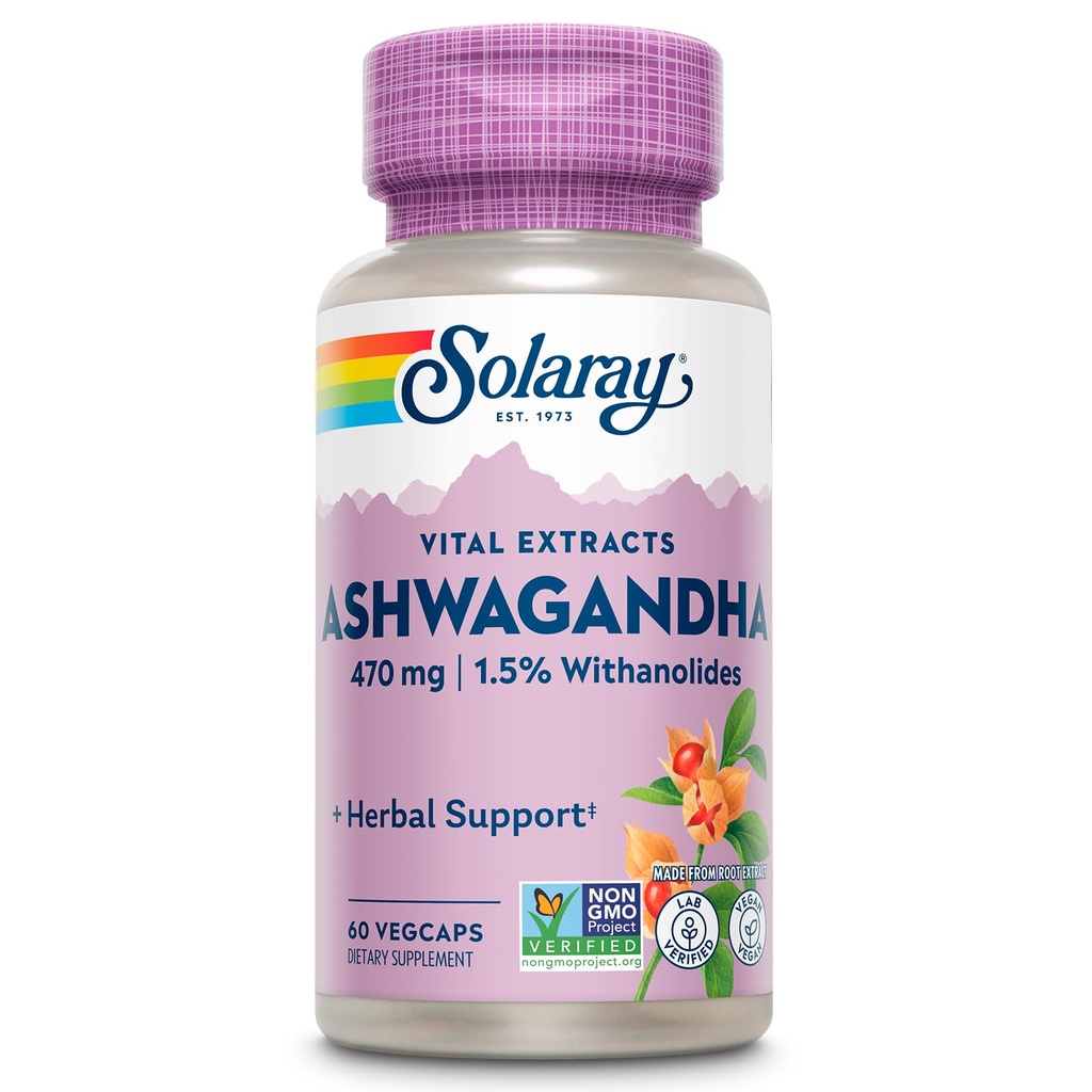 SOLARAY Vital Extracts Ashwagandha 470mg - 강력한 Adaptogen - Ashwagandha Supplements w / 7mg Withanolides, Wellness Support, Vegan, Non-GMO, Lab Verified, 60 일 보증, 60 서빙, 60 VegCaps
