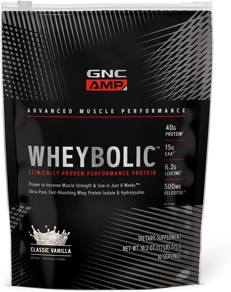 GNC AMP Wheybolic 임상으로 입증된 단백질 분말, 40g Whey Protein, BCAA, Leucine, 증가 근육 힘, 근육 건물, 3rd 당 시험되는, 글루텐 자유로운, 고전적인 바닐라, 10의 서빙