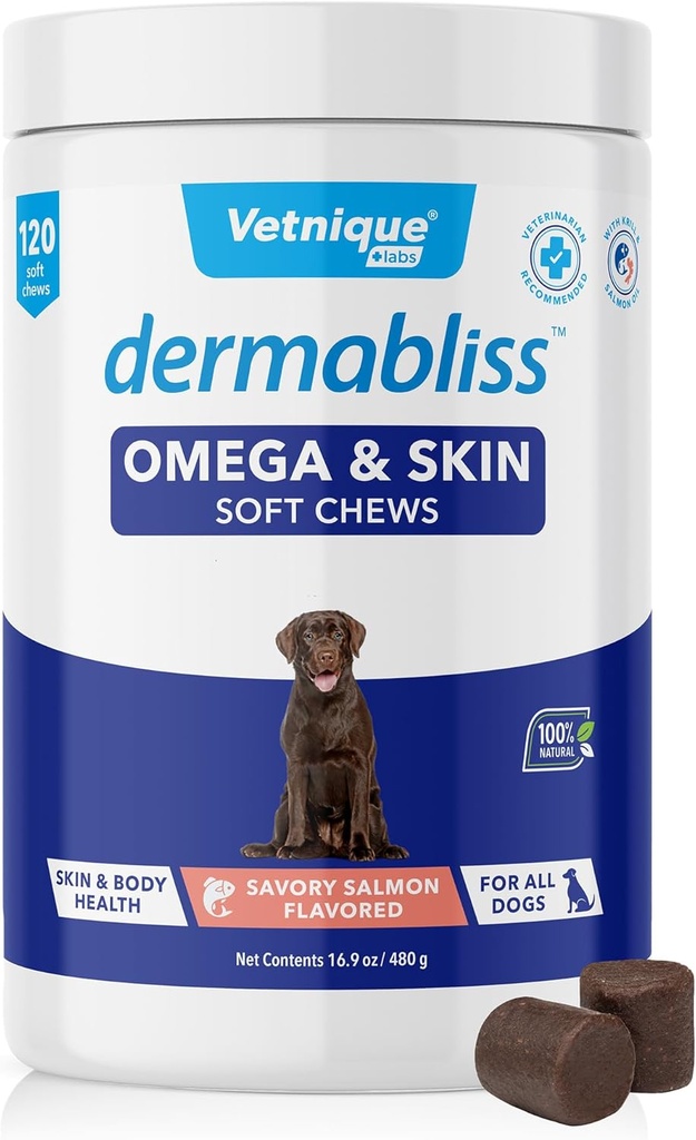 Vetnique Dermabliss Omega & 피부 건강 물고기 기름 개 연약한 Chews Biotin & DHA를 가진 개를 위한 건강한 피부 & 외투 - Hickory Salmon 개 치료 (120 조사 Chews)