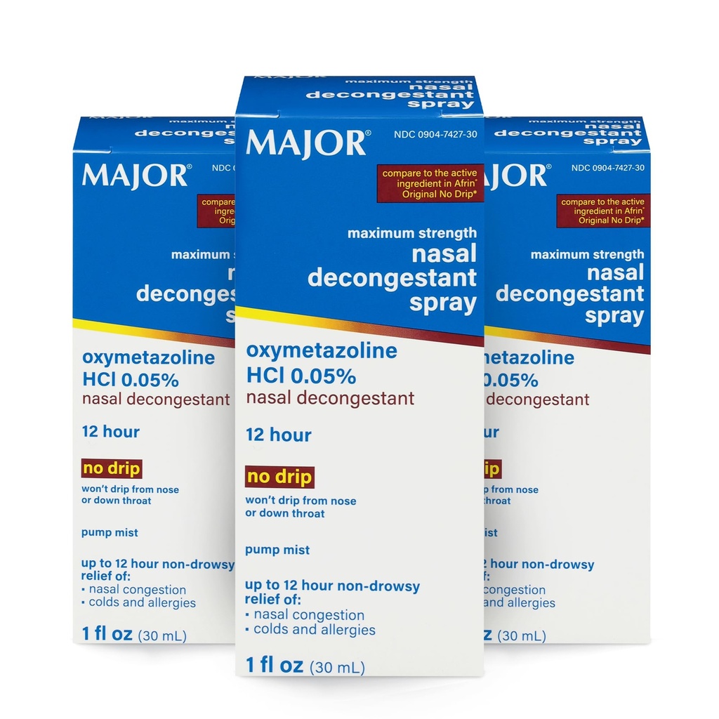 MAJOR 최대 힘 Nasal Decongestant 살포, Oxymetazoline HCl 0.05% 펌프 Mist의 Nasal 살포, Nasal Congestion, 감기 및 알레르기 1 Fl. Oz에서 12 시간 기복까지 비 돌리십시오. (3 팩)