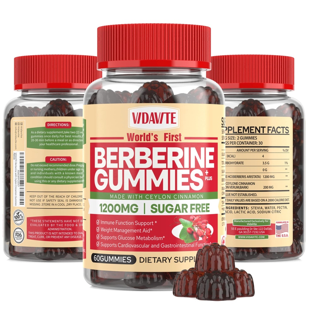 Ceylon Cinnamon Gummies와 Berberine — 설탕 자유로운, 98% 순수한 & 10x 흡수 - 무게 관리를 위한 1200mg HCL 유기 Berberine 보충교재, 면역력, 대사 & 소화 건강 (30 일)