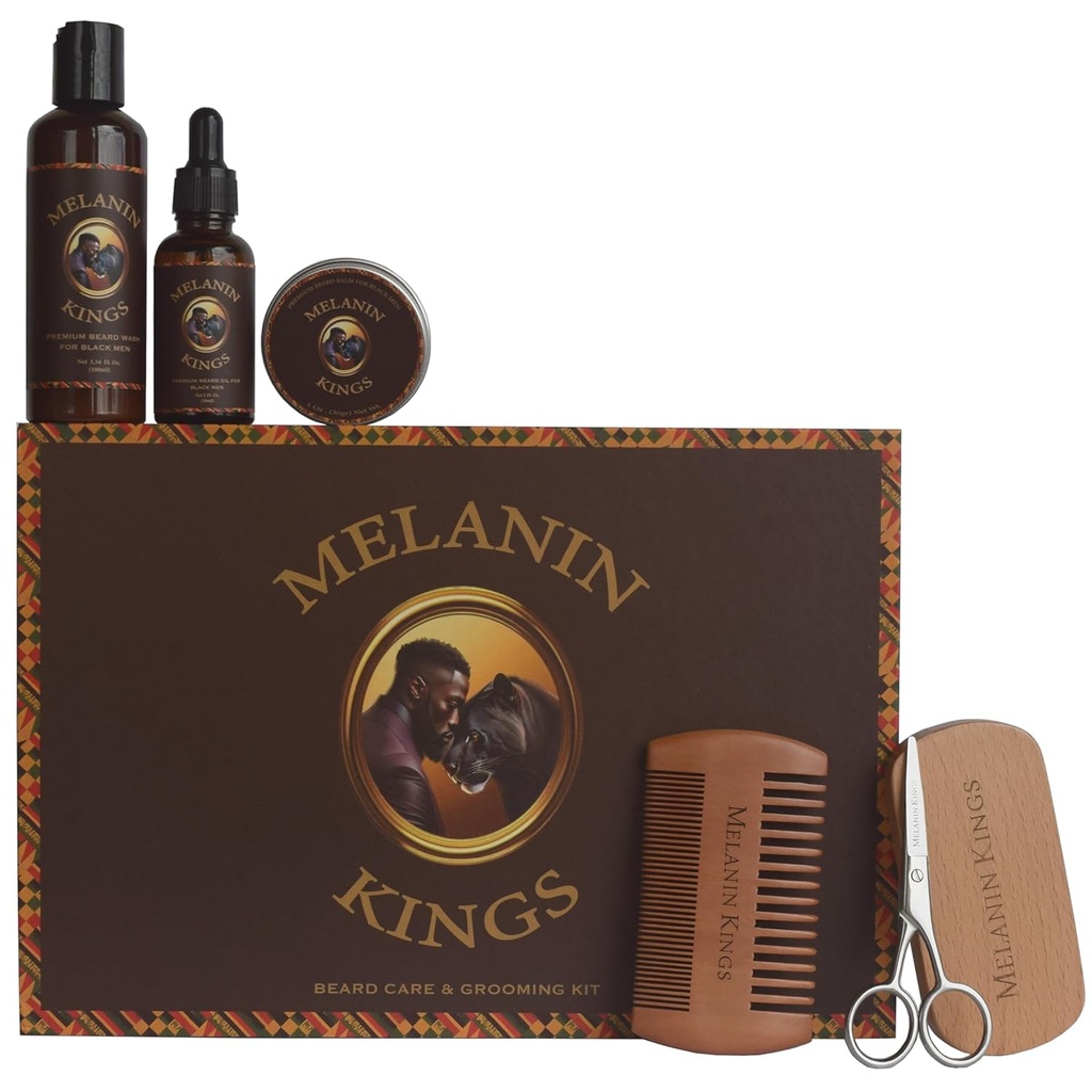 Melanin Kings Beard Grooming Kit for Men - 고대 아프리카 천연 재료의 공식 인장 인 Beard Wash, Oil, Balm, Brush, Comb, Trimming 가위