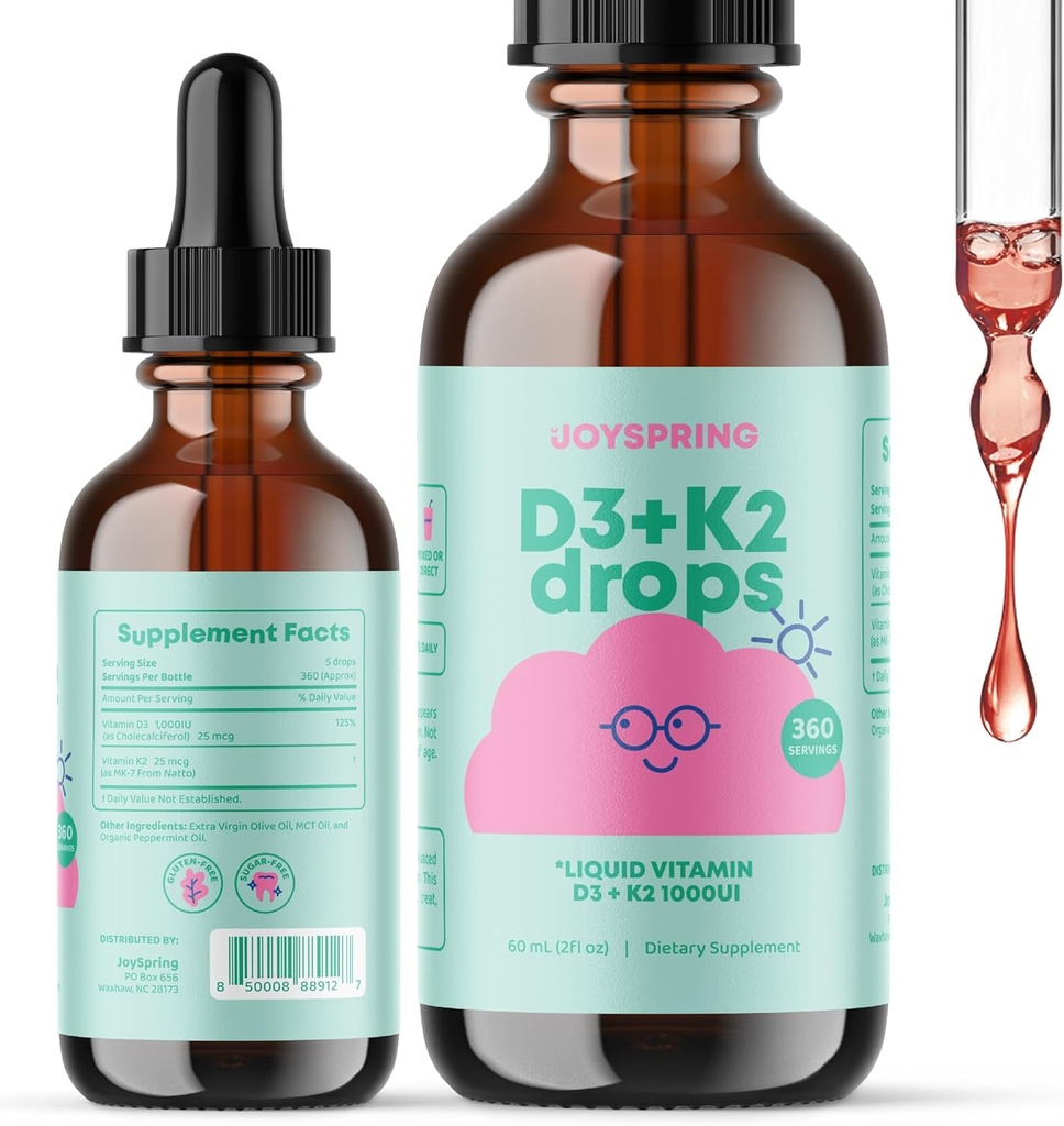 JoySpring Vitamin D Drops for Toddlers to Support Growth, Bone, Immune Health, Kids 아연 보충제 - 비타민 B2, B6, B12 및 B5와 아연 액체 및 일일 컴플렉스 B 비타민과 엘더 베리